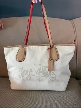 Coach Cream Canvas Tote with Tan Trim and Red Handles